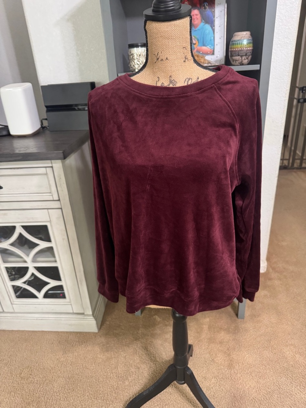 Gloria Vanderbilt Plush Velvet Crewneck Sweatshirt in Burgundy Wine